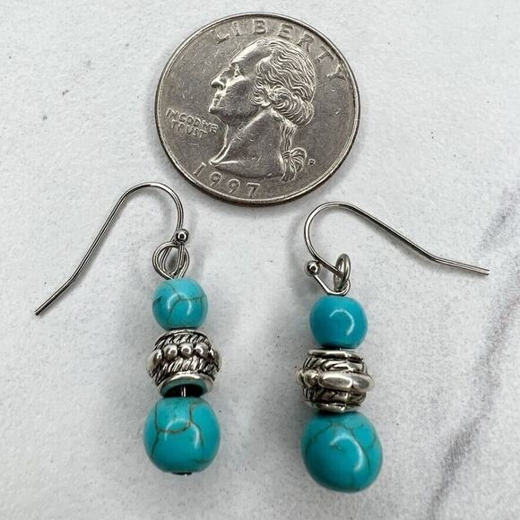 Silver Tone Faux Turquoise Beaded Dangle Earrings Pierced Pair - Picture 2 of 4